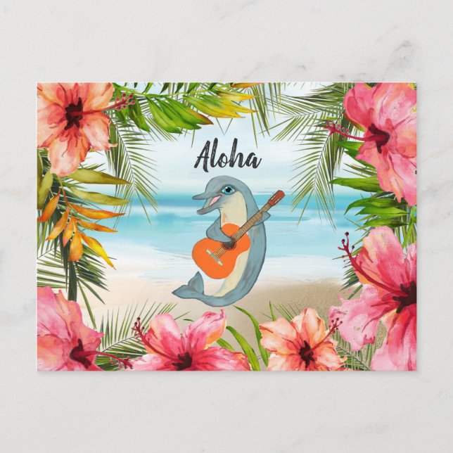 Tropical Aloha tänker på dig Dolphin Guitar Vykort (Framsida)