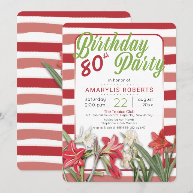 Tropical Amaryllis Stripe 80:e Födelsedagsfesten Inbjudningar (Fram/baksida)