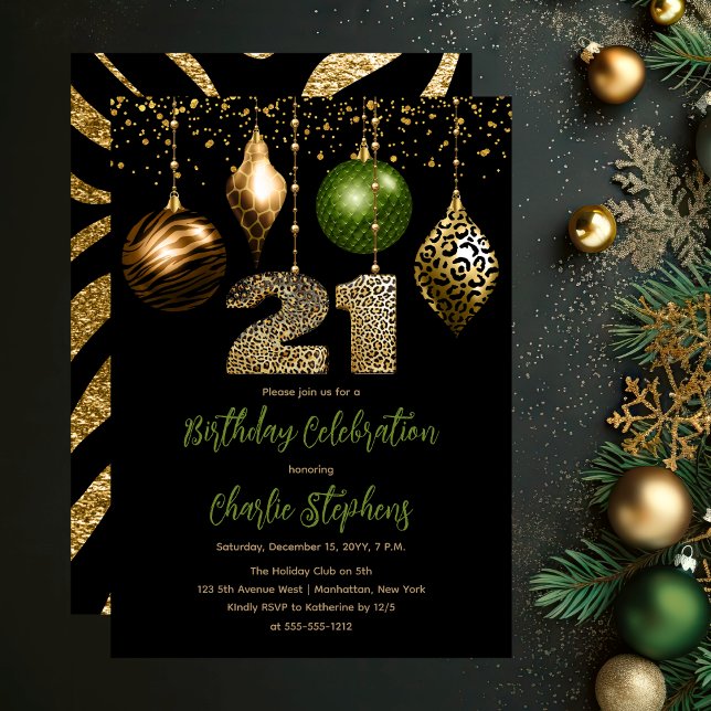 Tropical Animal Skin Baubles 21:a födelsedagen Par Inbjudningar (Glamorous Tropical Animal Print Baubles 21st Birthday Party Invitation in Black, Gold & Olive Green)