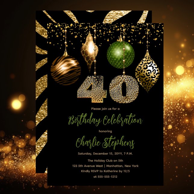 Tropical Animal Skin Baubles 40:e födelsedagen Par Inbjudningar (Glamorous Tropical Animal Print Baubles 40th Birthday Party Invitation in Black, Gold & Olive Green)