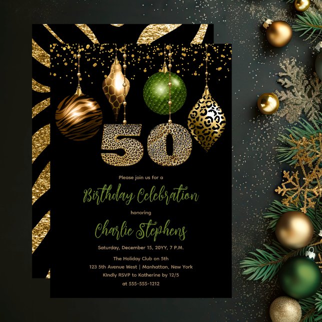 Tropical Animal Skin Baubles 50:e Födelsedagsfeste Inbjudningar (Glamorous Tropical Animal Print Baubles 50th Birthday Party Invitation in Black, Gold & Olive Green)