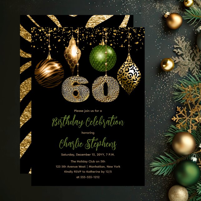 Tropical Animal Skin Baubles 60:e Födelsedagsfeste Inbjudningar (Glamorous Tropical Animal Print Baubles 60th Birthday Party Invitation in Black, Gold & Olive Green)