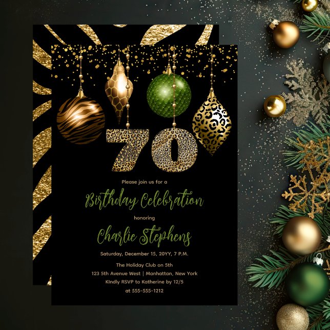 Tropical Animal Skin Baubles 70:e Födelsedagsfeste Inbjudningar (Glamorous Tropical Animal Print Baubles 70th Birthday Party Invitation in Black, Gold & Olive Green)