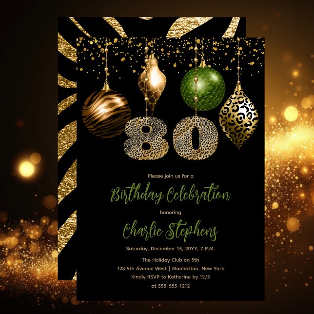 Tropical Animal Skin Baubles 80:e Födelsedagsfeste Inbjudningar (Glamorous Tropical Animal Print Baubles 80th Birthday Party Invitation in Black, Gold & Olive Green)