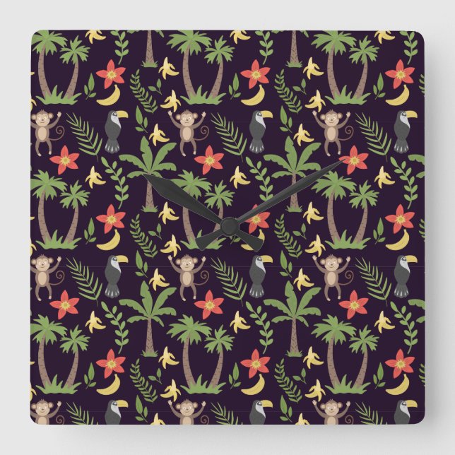 Tropical animals seamless pattern monkey & macaw fyrkantig klocka (Framsida)