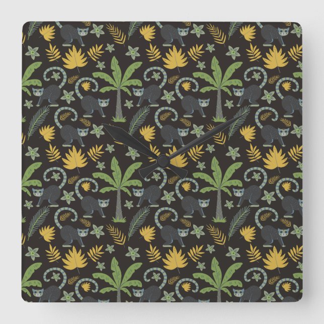 Tropical animals seamless pattern monkey palm tree fyrkantig klocka (Framsida)