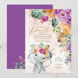 Tropical Apricot Violet Blommigt Elephant Shower Inbjudningar