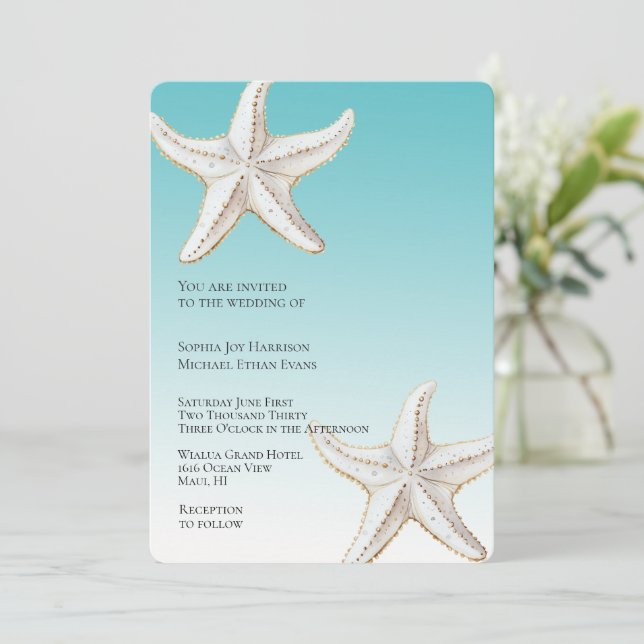 Tropical Aqua Guld White Starfish Beach Wedding Inbjudningar (Stående Fram)