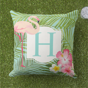 Tropical Aqua Monogram Rosa Flamingo and Flowers Kudde