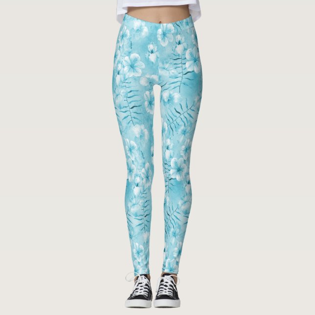 Tropical Aqua White Orchids Hibiscus Blommigt Leggings (Framsida)