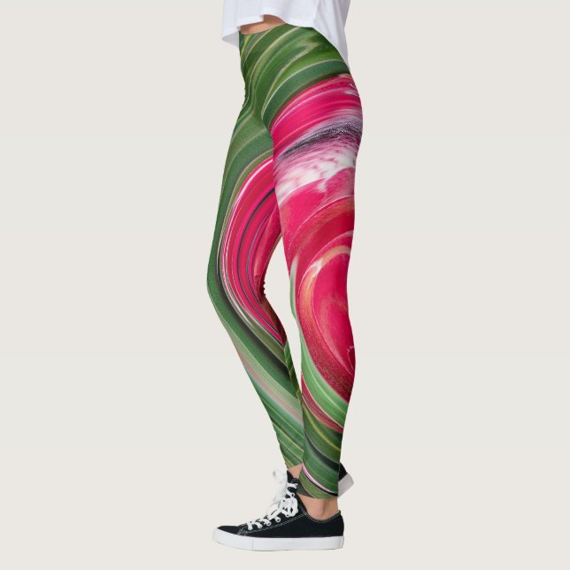 Tropical Australian Protea Grönt Red White Swirl Leggings (Vänster)