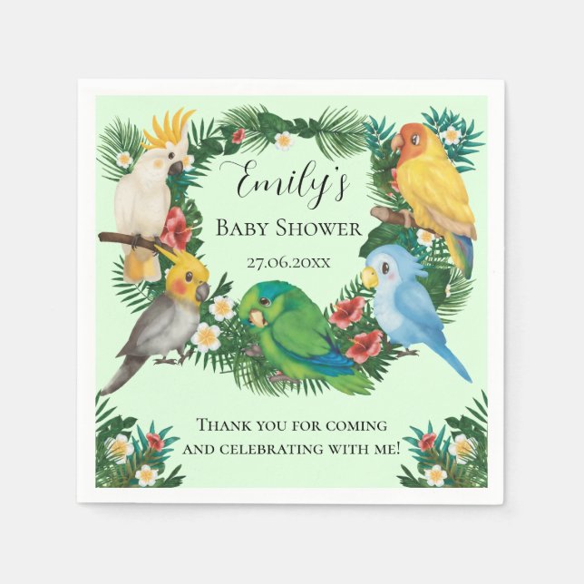 Tropical baby Parrots exotic Greenery Baby Shower Pappersservett (Framsidan)