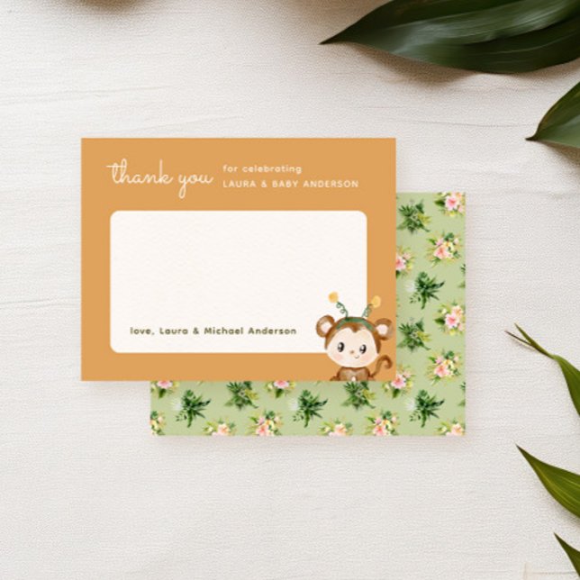 Tropical Baby Shower för apa Jungle Tropical Tack Kort (Thank you card for a safari baby shower party featuring a cute monkey and tropical botanicals)