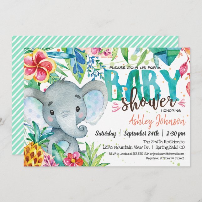 Tropical Baby Shower-inbjudan, Elephant Inbjudningar (Fram/baksida)