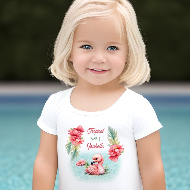 Tropical Baby Summer Rosa Flamingo Girl Namn T Shirt (Tropical Baby Summer Pink Flamingo Girl Name Toddler T-shirt)