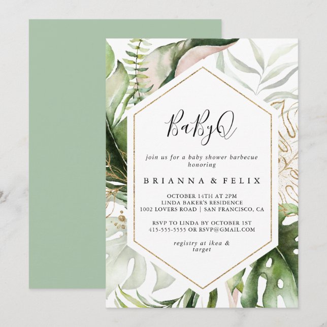 Tropical BabyQ Baby Shower Barbecue i Guld, geomet Inbjudningar (Fram/baksida)