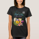 Tropical Bachelorette Drinks QR code T Shirt<br><div class="desc">Tropical bachelorette party t-shirt with place for a QR code. "Buy me a drink" party tee, shown in black, with other styles and color options. Tropical cocktails in fun colors and glassware sit among Hawaiian hibiscus, anthurium and big leaves in this design. Geometric blue and green lines frame two lines...</div>