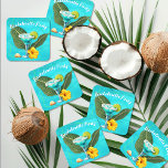Tropical Bachelorette Party Blue Waves Underlägg Papper Kvadrat<br><div class="desc">Tropical bachelorette party paper coasters.  Aqua blue waves design with blue Margarita drink in stemware,  with lime.  Yellow hibiscus flower,  little seashells and banana leaves complete the design.  Perfect for a cocktail party bachelorette or shower for the bride.</div>
