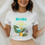 Tropical Bachelorette Party Brides QR code T Shirt<br><div class="desc">Tropical bachelorette party t-shirt with place for a QR code. The Bride's party tee with drink QR code. A sugar rimmed, blue margarita with lime, and banana leaves is the design. A yellow hibiscus flower and seashells add to the tropical design. Geometric blue and green lines frame two lines of...</div>