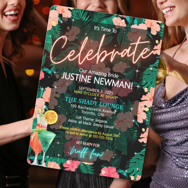 Tropical Bachelorette Party-inbjudan Inbjudningar (Celebrate the bride-to-be with this vibrant tropical theme bachelorette party invitation.)