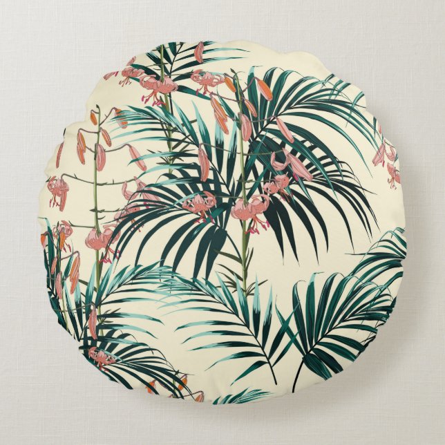 Tropical background with jungle plants. Seamless t Rund Kudde (Framsidan)