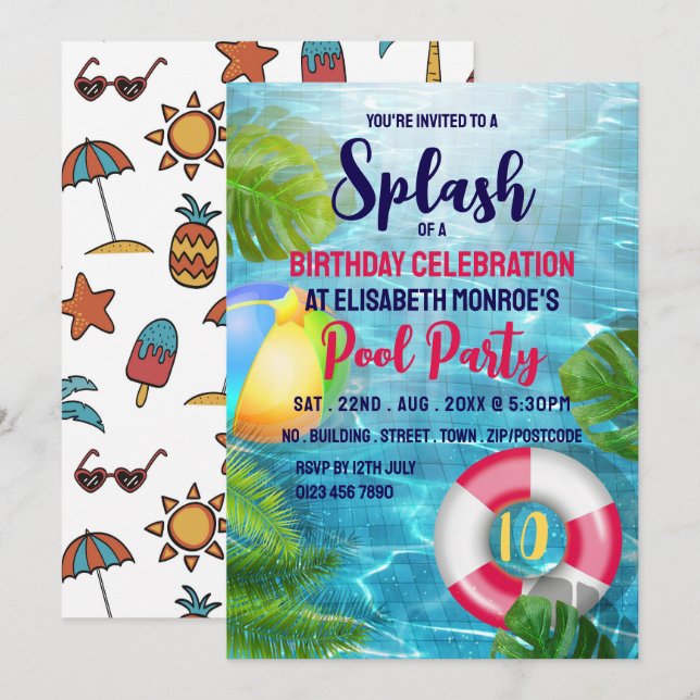 Tropical Bassäng Beach Boll, Birthday Bassäng Part Inbjudningar (Fram/baksida)