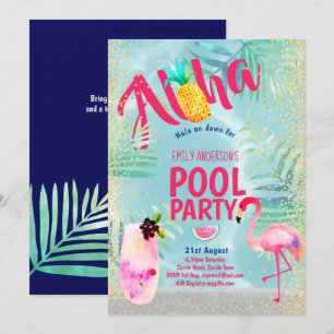 Tropical BASSÄNG PARTY Flamingo Pineapple Aloha Lu Inbjudningar