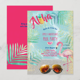 Tropical BASSÄNG PARTY Flamingo Pineapple Aloha Lu Inbjudningar