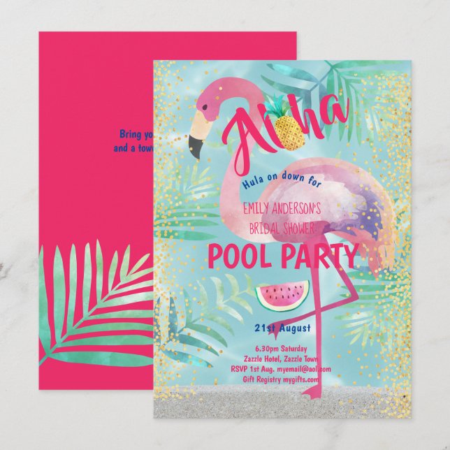 Tropical BASSÄNG PARTY Flamingo Pineapple Aloha Lu Inbjudningar (Fram/baksida)