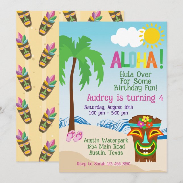Tropical Beach Aloha Luau Birthday-inbjudan Inbjudningar (Fram/baksida)