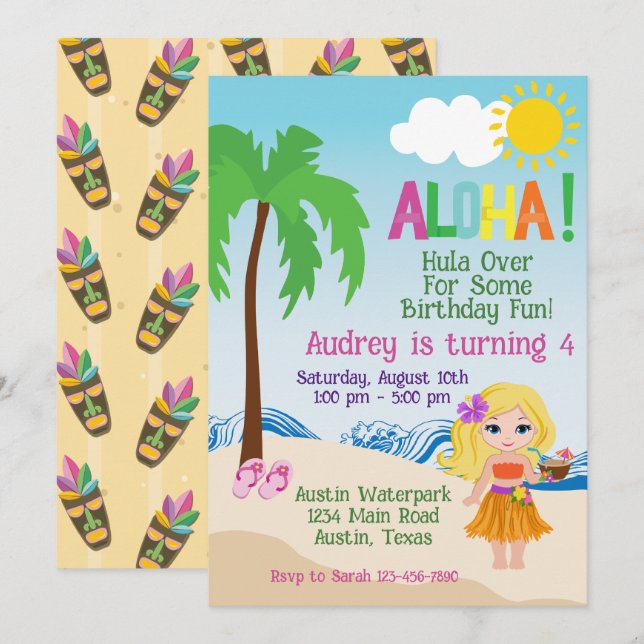 Tropical Beach Aloha Luau Birthday-inbjudan Inbjudningar (Fram/baksida)