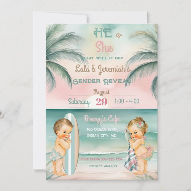 Tropical Beach Baby Gender Reveal Blush Sage Inbjudningar (Framsida)