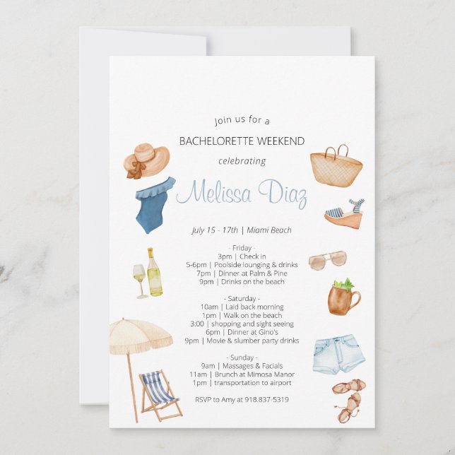 Tropical Beach Bachelorette Helg Itinerary Inbjudningar (Framsida)