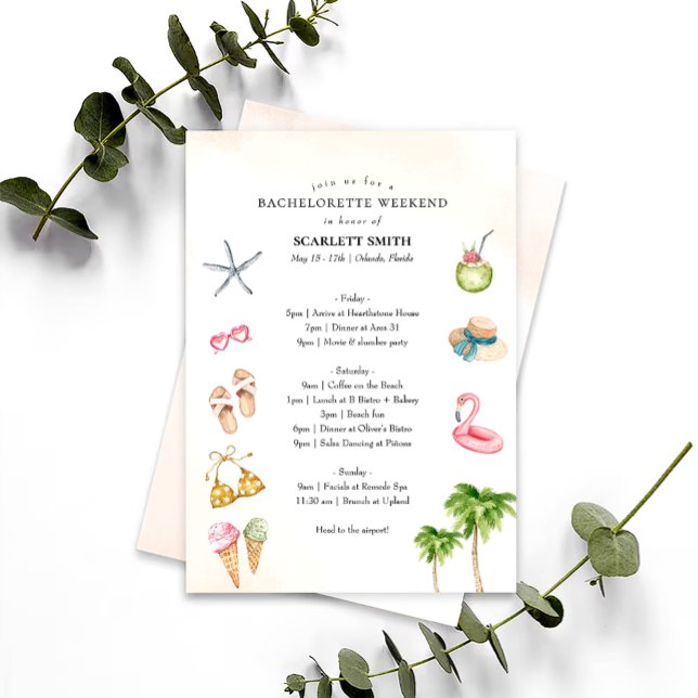 Tropical Beach Bachelorette Helg Itinerary Inbjudningar (Skapare uppladdad)