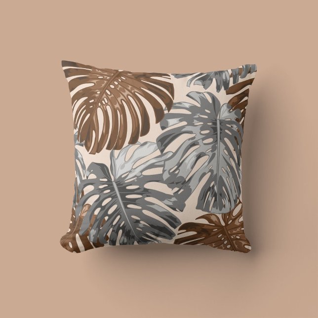 Tropical Beach Brown Grått Jungle Lövs Boho Kudde (Skapare uppladdad)