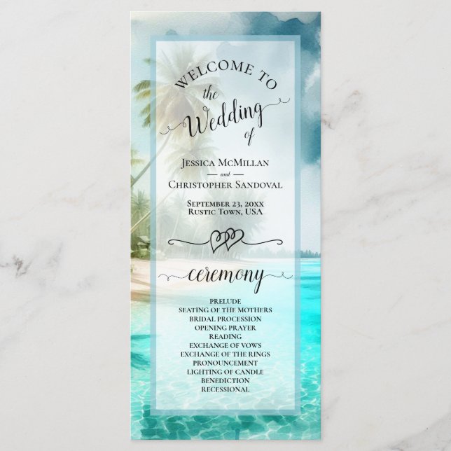 Tropical Beach Coastal Palm Trees Elegant Wedding Program (Framsida)