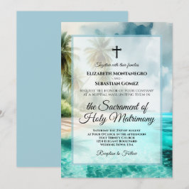 Tropical Beach Coastal Watercolor Catholic Wedding Inbjudningar