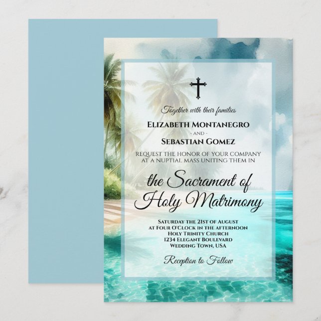 Tropical Beach Coastal Watercolor Catholic Wedding Inbjudningar (Fram/baksida)
