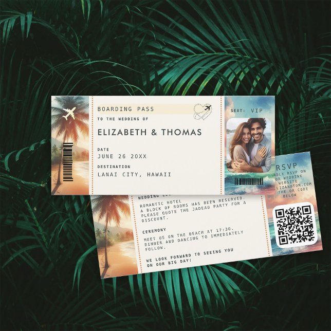 Tropical Beach Destination Boarding Pass Wedding Inbjudningar (beach destination wedding invitation boarding pass qr code all in one tropical watercolor sunset)