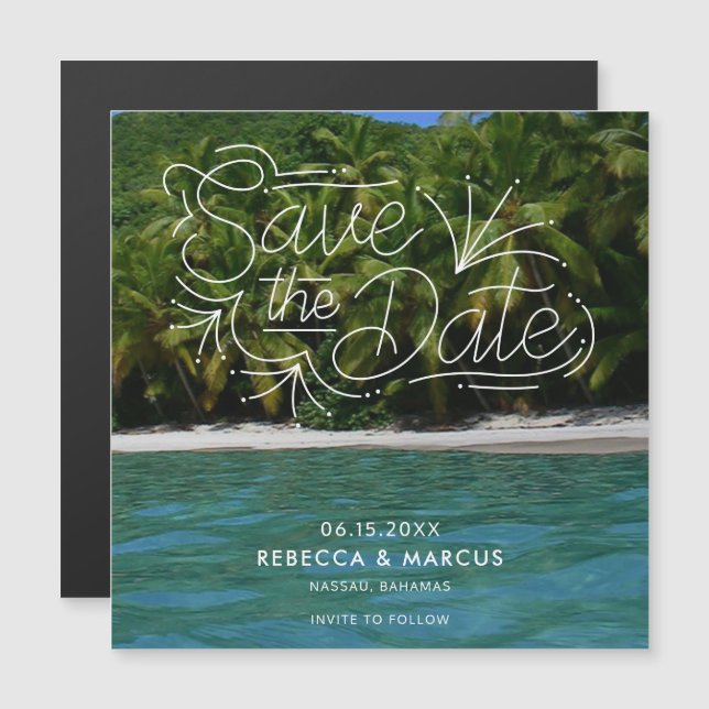 Tropical Beach Destination Wedding Save the Date (Fram/baksida)