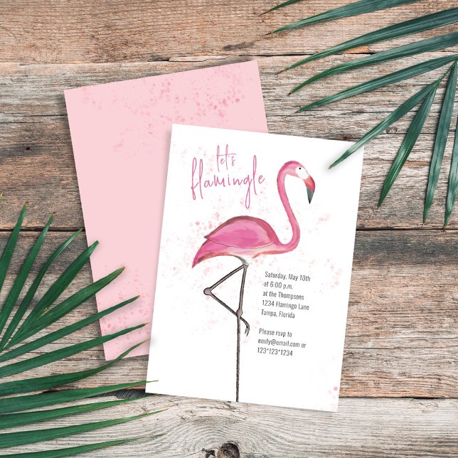 Tropical Beach Flamingo Rosa med vattenfärg Inbjudningar (Pink flamingo watercolor "Let's Flamingle" Invitation with pink watercolor speckles.)