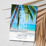 Tropical Beach Funny Bröllop Spara Datumet<br><div class="desc">Bröllop spara datum i en tropisk handflatan-träd-design som är tryckt med det roliga ordspråket "Sprit,  mat och dålig dans rör sig". Få din familj och dina vänner upphetsade för din bröllop firande med de här sparat datumet perfekterna för vilket badbröllop som helst.</div>