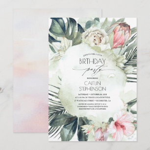 Tropical Beach Greenery and Flowers Birthday Inbjudningar