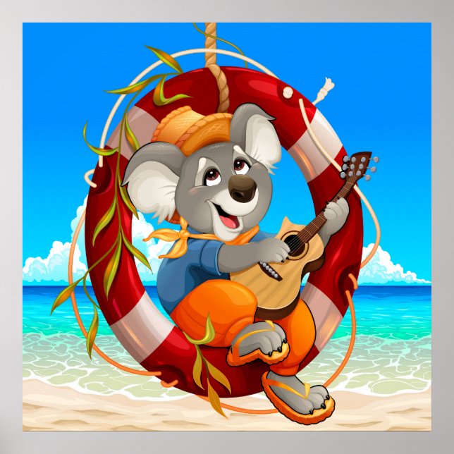 Tropical Beach Guitar Spela Koala Poster (Framsidan)