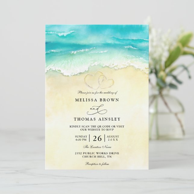 Tropical Beach Heart Watercolor QR Code Wedding Inbjudningar (Stående Fram)