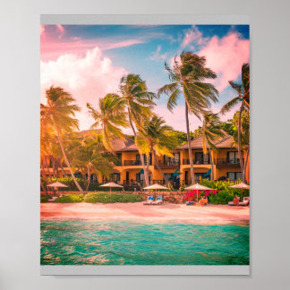 Tropical Beach Hotel med Coconut Träd Poster