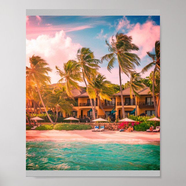 Tropical Beach Hotel med Coconut Träd Poster (Framsidan)