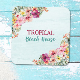 Tropical Beach House Rosa Flowers Blommigt Botanic Fyrkantigt Klistermärke