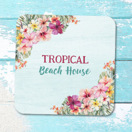 Tropical Beach House Rosa Flowers Blommigt Botanic Underlägg Papper Kvadrat