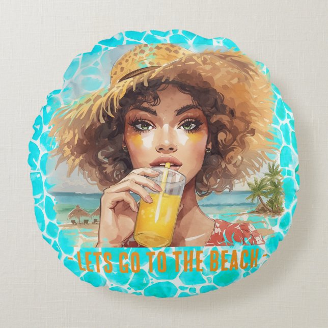 Tropical Beach, Lets Go to The Beach Rund Kudde (Framsidan)